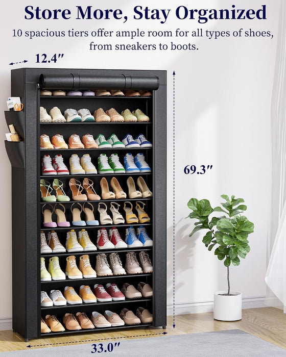 10-Tier Shoe Rack with Cover, Tall Shoe Shelf, 33" Wide, Black