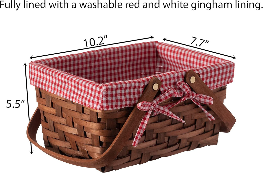 Wickerwise Small Rectangular Woodchip Picnic Baskets with Double Folding Handles, Natural Hand-Woven Basket Lined with Gingham Red and White Lining Great for Gifts