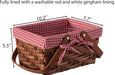 Wickerwise Small Rectangular Woodchip Picnic Baskets with Double Folding Handles, Natural Hand-Woven Basket Lined with Gingham Red and White Lining Great for Gifts
