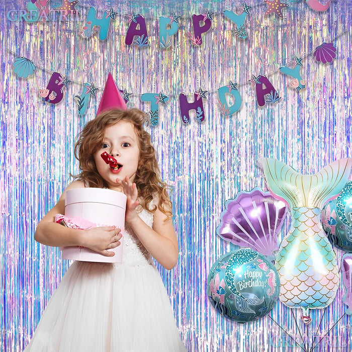 Iridescent Party Streamers Backdrop -  Neon Transparent Holographic Tinsel Foil Fringe Curtain for Mermaid/Frozen/Sea/Euphoria/ERAS Party Theme Decorations 3.2ft x 6.5ft 2 PCS
