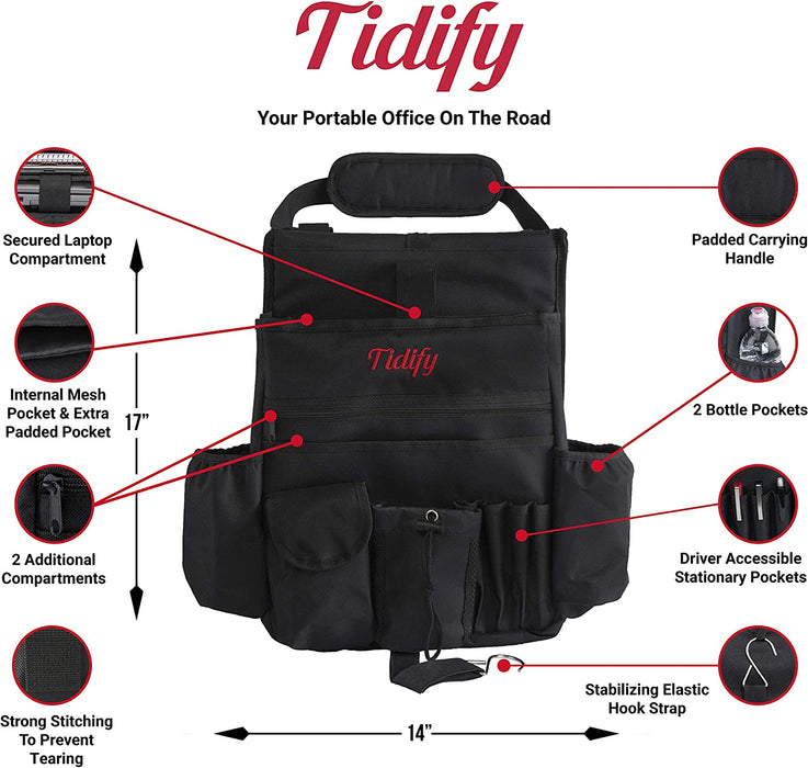 Car Front Seat Organizer [2025 UPDATED] with Dedicated Tablet and Laptop Storage Stabilizing Side Straps Soft Adjustable Shoulder Strap and Hardened Buckles Your Office Away from Office.