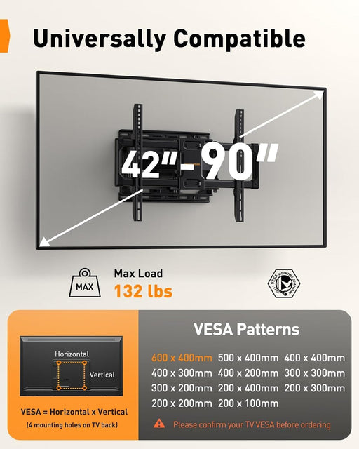 UL Listed Full Motion TV Wall Mount for 42-90" TVs up to 132lbs