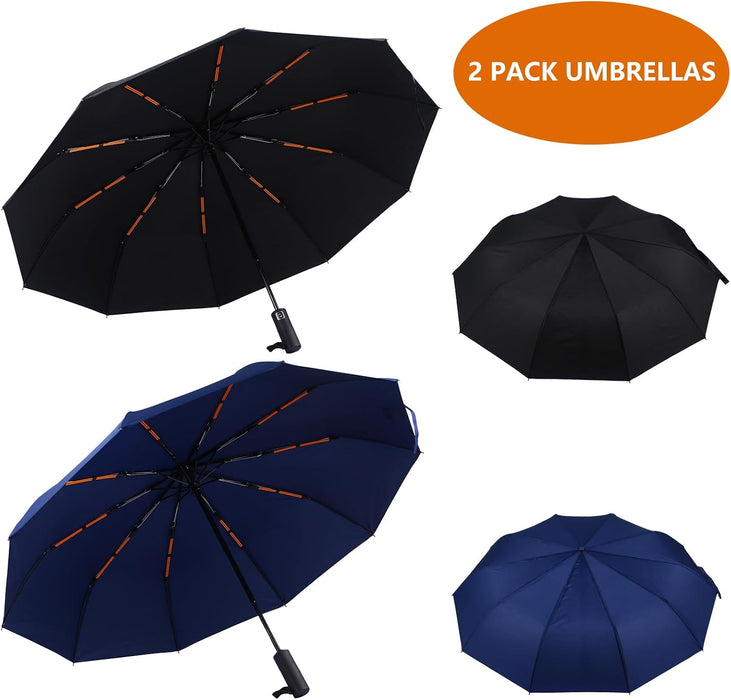 2 Pack 46 Inch Umbrellas, Double 10-rib, for Rain, Compact Travel