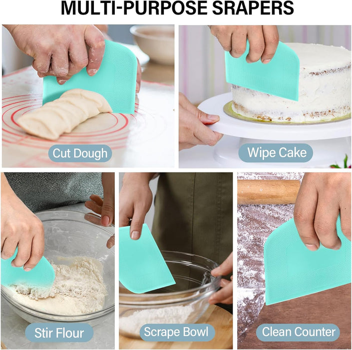 Bench Scraper, Premium Stainless Steel Dough Scraper with 2 PCS Flexible Bowl Scraper, Dough Cutter with Measuring Scale