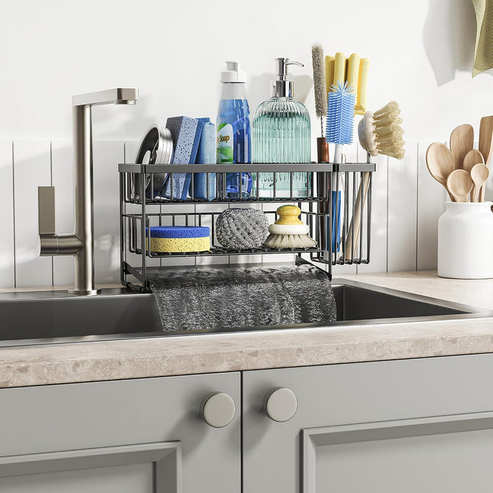 2-Tier Kitchen Sink Caddy Organzier Rack with Dish Brush Sponge Holder