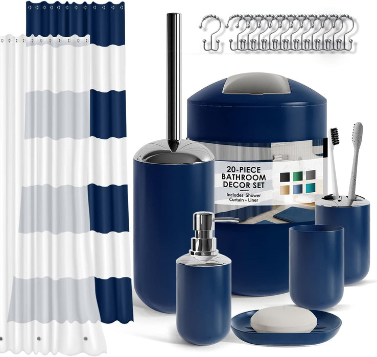 Bathroom Set - Navy Bathroom Accessories Set, 20PC Bathroom Accessory Set, Shower Curtain Set with Liner, Toothbrush Holder, Soap Dispenser, Soap Dish, Toilet Brush Holder, and Trash Can