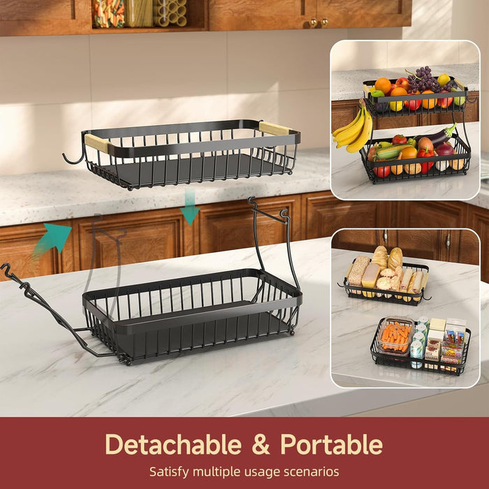 2-Tier Fruit Basket with Banana Hangers, Detachable Metal Bowl