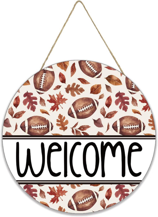 Smile Fall Football Welcome Wooden Round Door Hanger