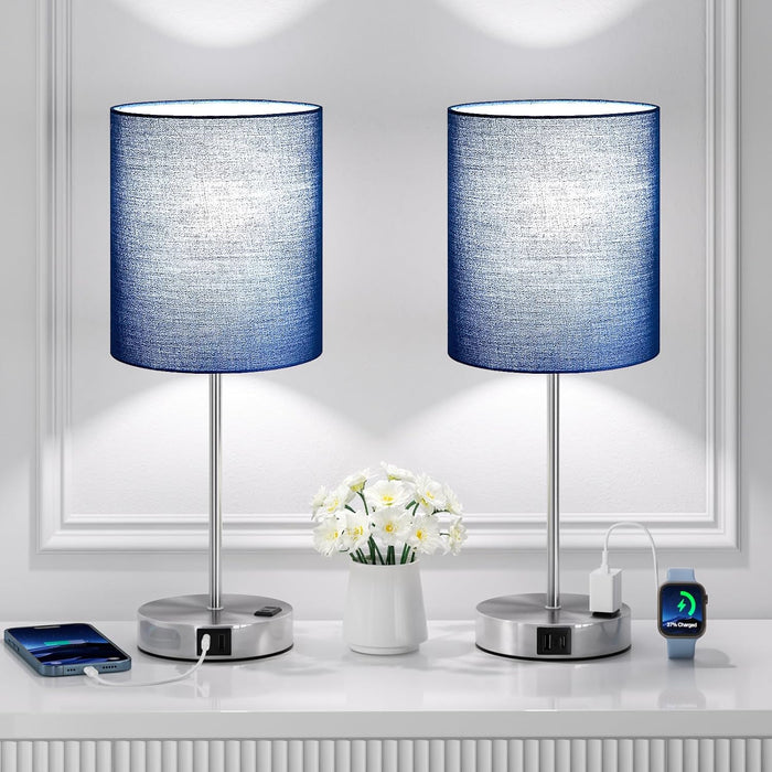 Touch Lamps for Bedroom Set of 2 - Dimmable, USB C+A, AC Outlet