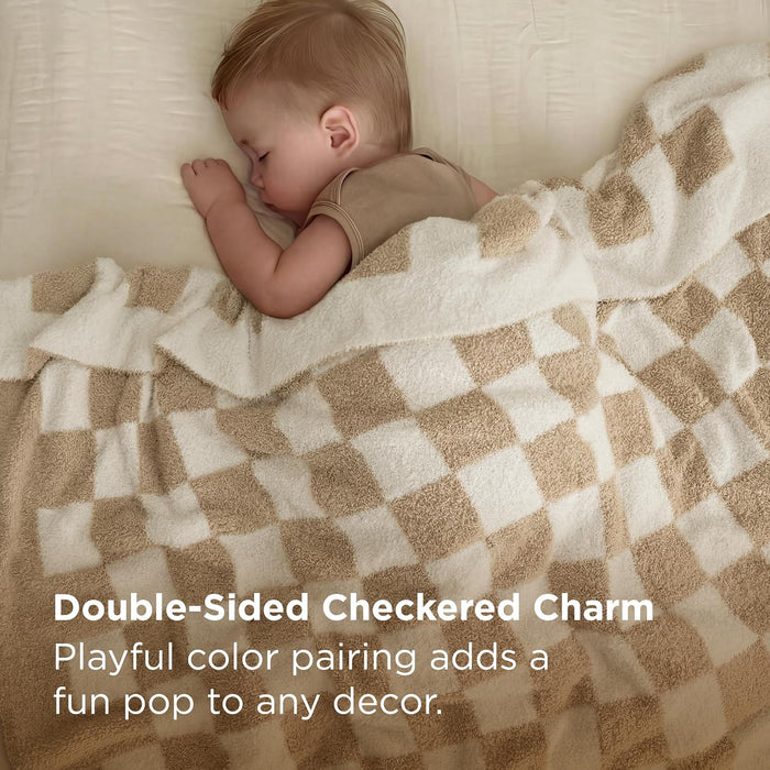 Beige Fall Throw Blanket for Couch, Cozy Soft Checkered Blanket, Lightweight Warm Knit Fluffy Throw Blankets for Bed Sofa, Camping, Picnic, Travel, Gifts for Women Men, 50x60 Inches
