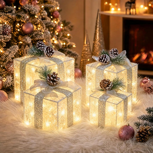 Set of 4 Christmas Lighted Gift Boxes, Battery Operated Xmas Decor