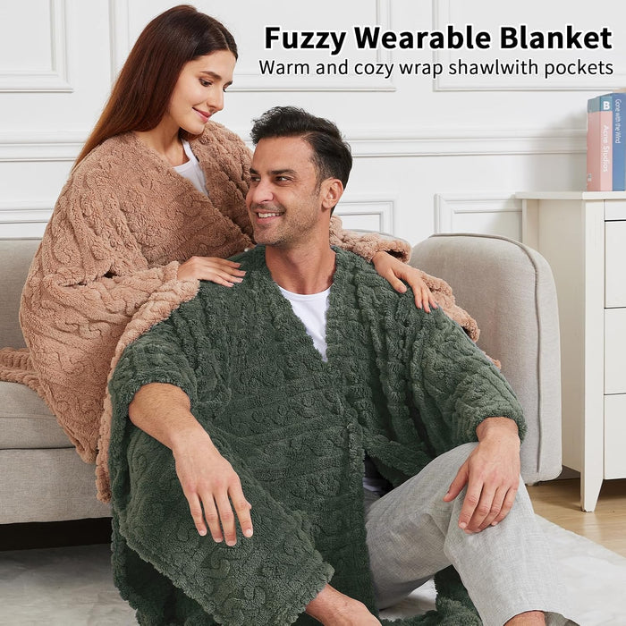 Wearable Blanket Poncho Cape Wrap for Adult, Cozy Sherpa Fleece Pocketed Shawl TV Throw Blankets for Office and Lounge,G