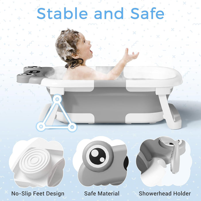 Baby Bathtub, Collapsible Newborn Bathtub for Infant to Toddler with Soft Cushion and Thermometer,Portable Travel Newborn Tub with No-Slip Feet, Baby Shower Gifts, 0-12 Months Baby Bath, Grey