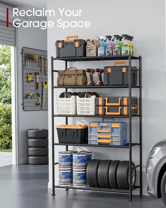 Storage Shelves - 5 Tier Shelf Organizer, Heavy Duty Garage Shelving Unit with Leveling Feet, Stable Metal Shelves Organ
