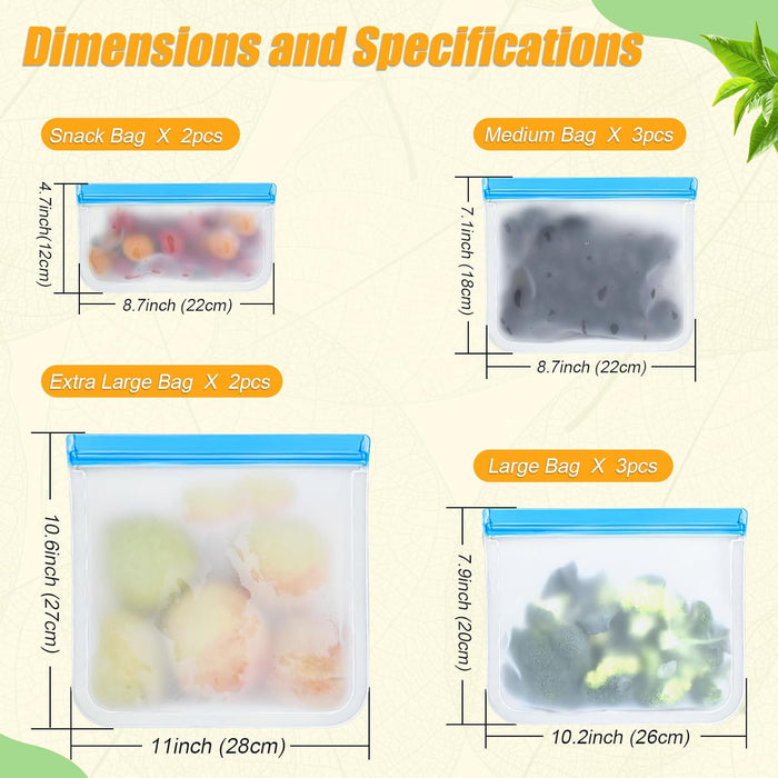 Reusable Silicone Food Storage Bags, 10 Pack 4 Size Leak proof Dishwasher Safe Reusable Freezer Bags for Food Storage Co