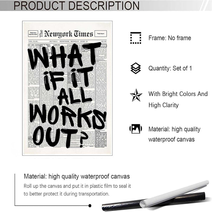 Retro Black And White Newspaper Poster What If It All Works Out Canvas Wall Art Positive Affirming Quote Minimalist Prints Painting For Home Bedroom Dorm Wall Decor 8x12in Unframed
