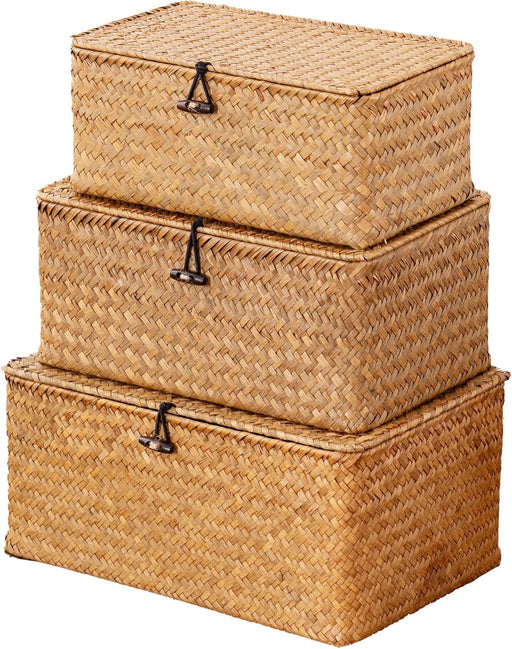 Wicker Storage Basket with Lid,Seagrass Shelf Basket Set of 3,Nautral