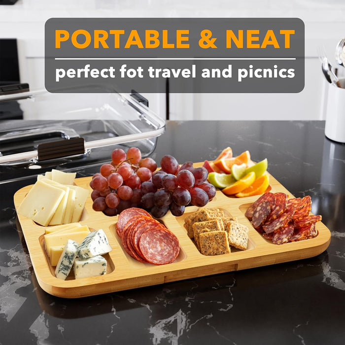 Charcuterie Board with Clear Lid, Portable Travel Cheese Cutting Boards for Picnic Accessories, Bamboo Serving Tray with Lids, House Warming Gifts, Black Handles, 8 Compartments