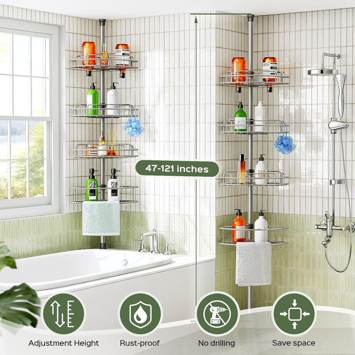 Corner Shower Caddy Tension Pole 4 Tier Rustproof Shampoo Organizer