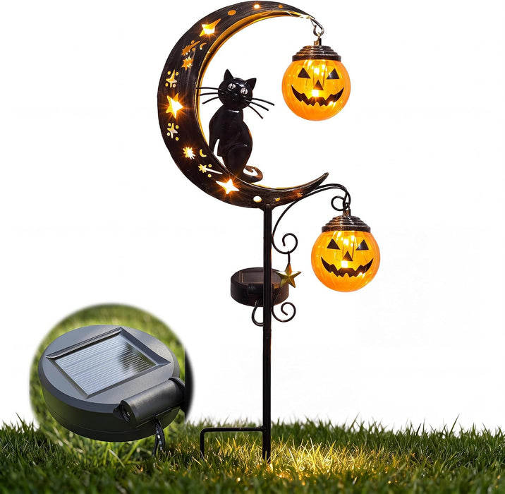 Solar Halloween Garden Stake Light Pumpkin Moon Waterproof Metal Black Cat