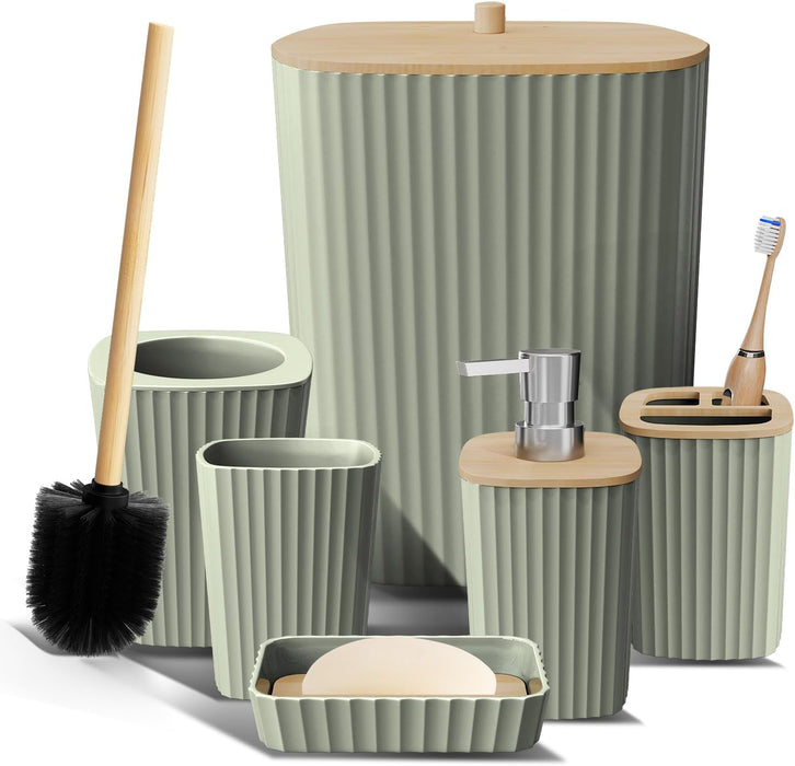 Bathroom Set - Sage Green Bathroom Accessories Set, 6PC Bathroom Accessory Set, Bathroom Sets with Toilet Brush, Trash C