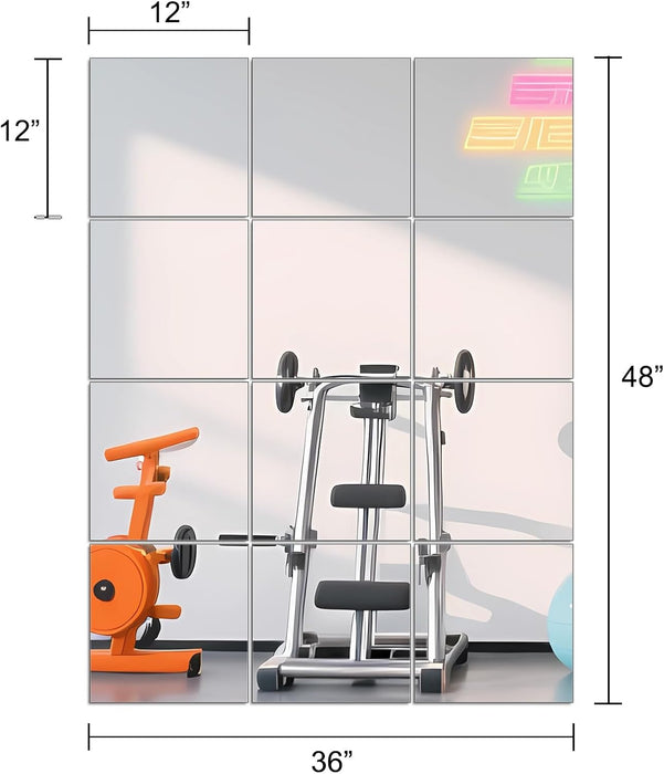 Home Gym Mirror Tiles, 12" x 12" x 12PCS Wall Mirror Tiles Frameless Glass