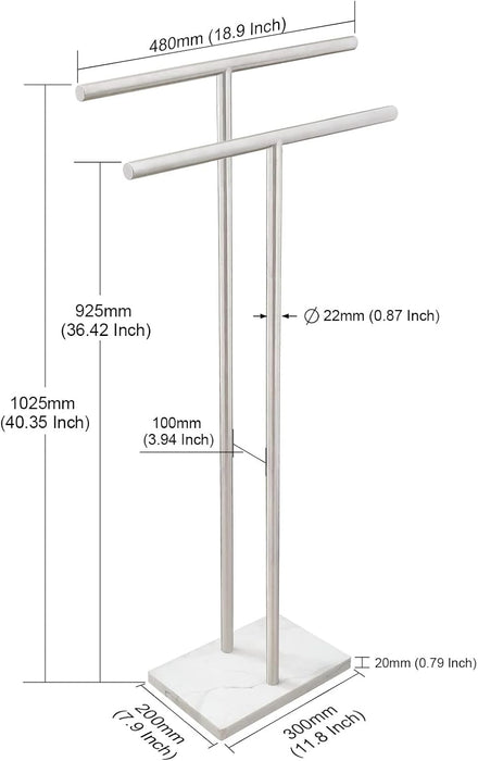 40 Inch Standing Towel Rack Double-T Shape Tall Bath Towel Sheet Holder with Marble Design Base for Bathroom Floor Next 
