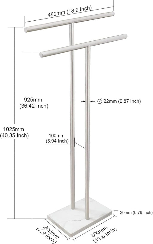 40 Inch Standing Towel Rack Double-T Shape Tall Bath Towel Sheet Holder with Marble Design Base for Bathroom Floor Next 