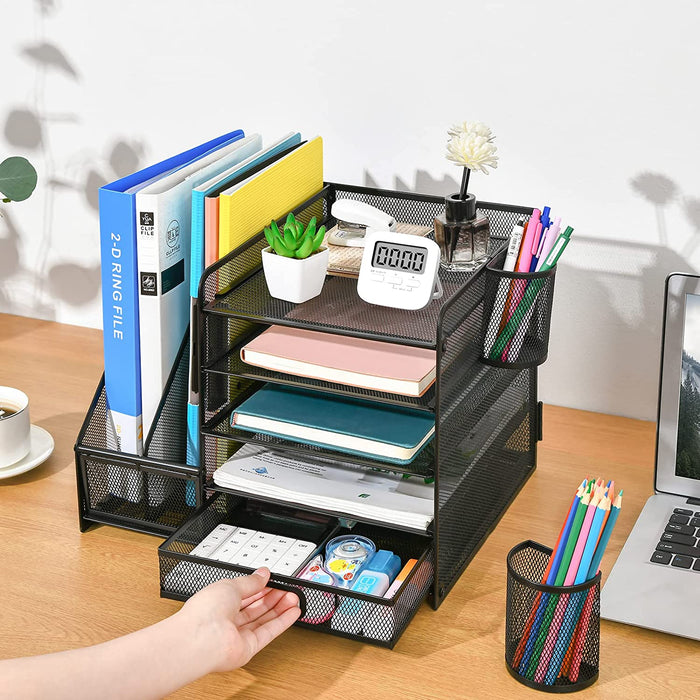 Desk Organizer with File Holder, 5-Tier Paper Letter Tray Organizer with Drawer and 2 Pen Holder, Mesh Desktop Organizer