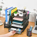 Desk Organizer with File Holder, 5-Tier Paper Letter Tray Organizer with Drawer and 2 Pen Holder, Mesh Desktop Organizer