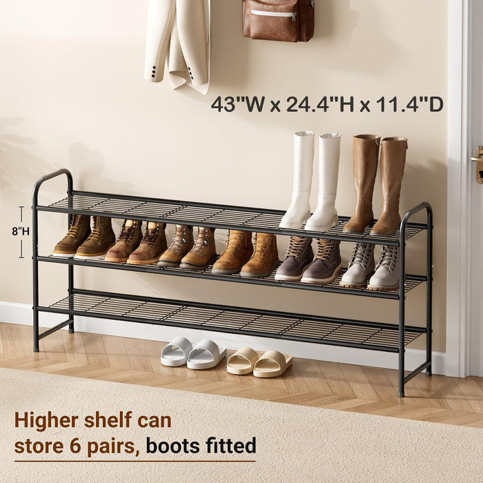 3-Tier Long Shoe Rack for Closet Metal Shoe Organizer for Entryway, Wide Stackable Shoe Storage Shelf with Sturdy Wire G