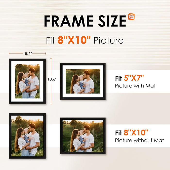 8x10 Picture Frame Set of 2, Photo Frame with HD Plexiglass, Display Pictures 5x7 with Mat or 8x10 Without Mat Multi Pic