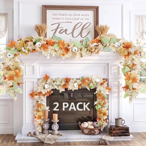 Neutral Fall Garland for Mantle Fireplace - 2 Pack 6Ft Outdoor Autumn Leaves Decor for Home Front Door with Pumpkins Ind