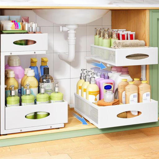 Under Sink Organizer, 2-Pack Pull Out Cabinet Organizer 2 Tier Metal Slide Out Storage Shelf Rack, L-Shaped Adjustable H