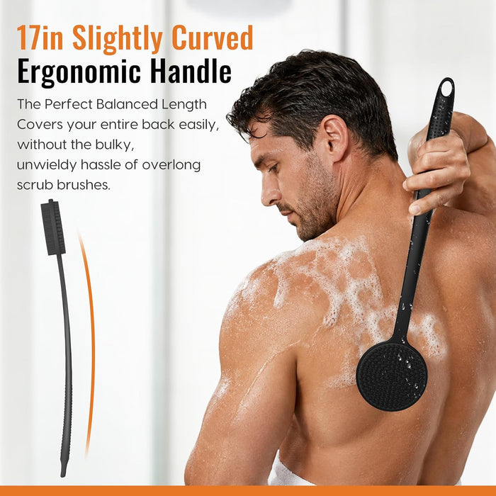 Silicone Back Scrubber for Shower, 17in Lengthen Long Handle Body Brush, Double Sided Shower Brush for Shower Exfoliatin