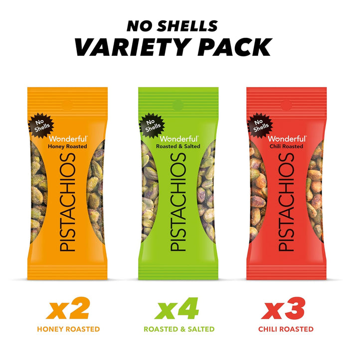No Shells, 3 Flavors Mixed Variety Pack of 9 (0.75 Ounce), Roasted & Salted Nuts (4), Chili (3), Honey (2), Protein Snacks, Gluten Free, Healthy Snacks Variety Pack for Adults