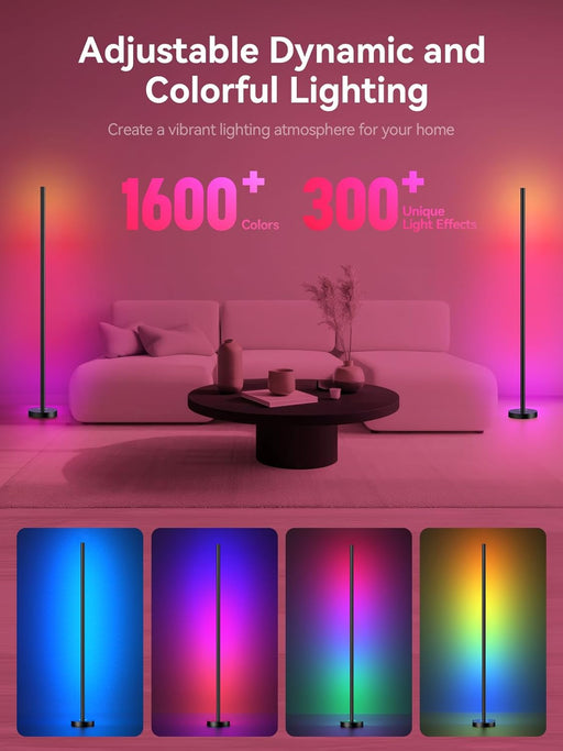 Smart RGBICW LED Corner Floor Lamp - 16 Million DIY Colors, 68+ Scenes, Music Sync, App & Remote Control, Color-Changing