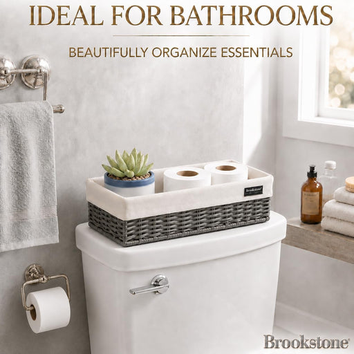 Over the Toilet Tank Wicker Storage Basket, Bathroom and Closet Organizers and Storage Bins with Fabric Liner, Grey, 2 P