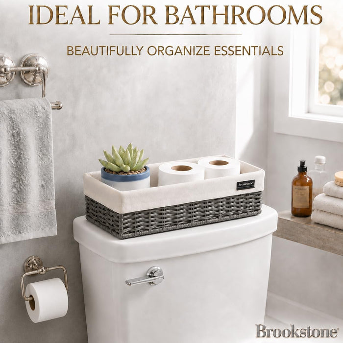 Over the Toilet Tank Wicker Storage Basket, Bathroom and Closet Organizers and Storage Bins with Fabric Liner, Grey, 2 P