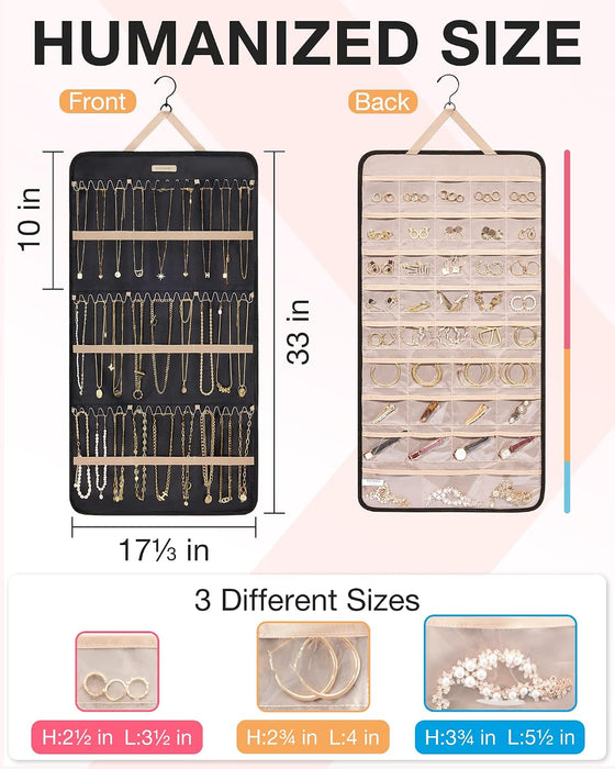 Hanging Jewelry Organizer Necklace/Earring/Ring 2-Sided XL Black