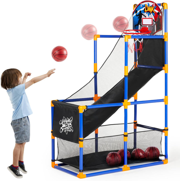 Arcade Basketball Game Set with 4 Balls and Hoop for Kids 3+ Years Old Indoor Outdoor Sport Play - Easy Set Up - Air Pum