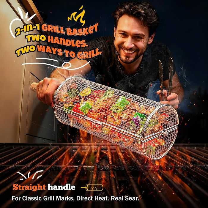 2-in-1 Rolling Grill Basket 304 Stainless Steel Rotatable with Dual Handles