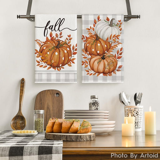 Orange Pumpkin Leaves Fall Kitchen Towels Set of 2 18x26 Inch