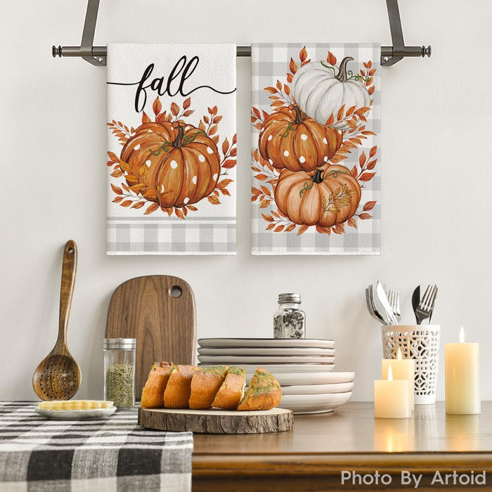 Orange Pumpkin Leaves Fall Kitchen Towels Set of 2 18x26 Inch