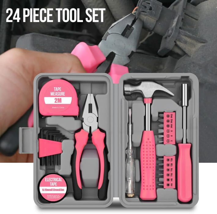 24Pcs Pink Home Repair Tool Kit for Women - Compact Mini Starter Hardware Set with Hammer, Pliers, Screwdrivers - Portab