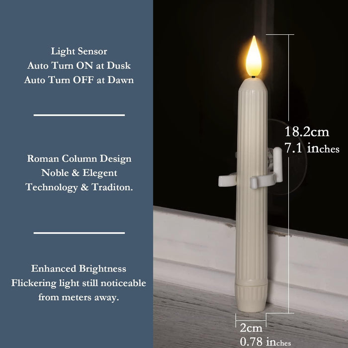 6 Pcs Window Candles with Sensor Dusk to Dawn, Ivory Striped Candlesticks with Suction Cups, Roman Column Christmas Window Candle Battery Operated, Flameless Led Taper Candles for Windows