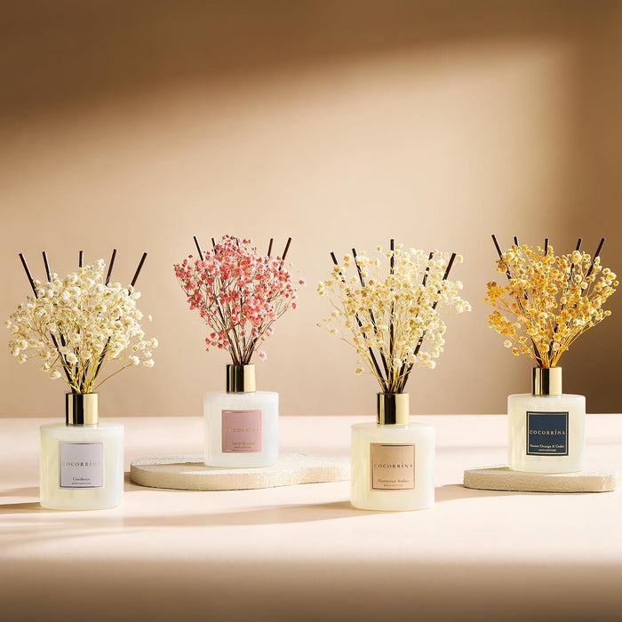 Premium Reed Diffuser Set with Preserved Baby's Breath & Cotton Stick Sandalwood Rose | 6.7oz Scent Fragrance Oil Diffuser for Bedroom Bathroom Home Décor