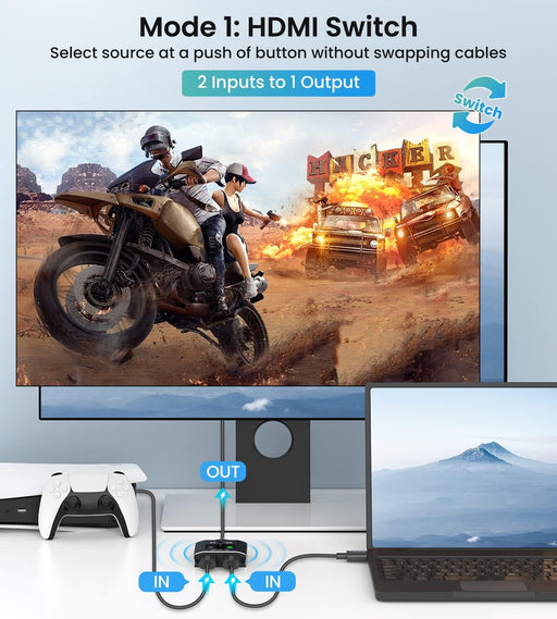 HDMI Switch Splitter 4K@60hz, Aluminum HDMI 2.0 Switcher 2 in 1 Out, HDMI Splitter 1 in 2 Out, Bi-Directional Switch Sup