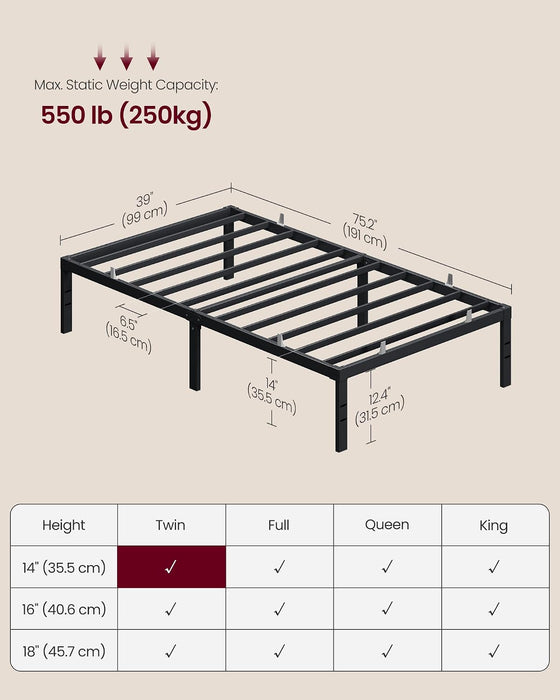 Twin Metal Bed Frame, 14 Inches Tall, 550 lb Weight Capacity
