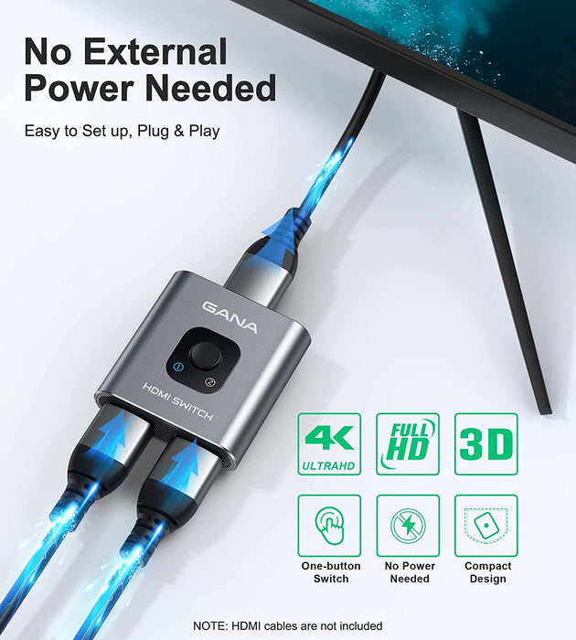 HDMI Switch 4k@60hz Splitter,  Aluminum Bidirectional HDMI Switcher 2 in 1 Out, Manual HDMI Hub Supports HD Compatible with Xbox PS5/4/3 Blu-Ray Player Fire Stick Roku